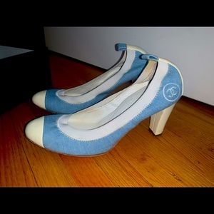 Chanel White Denim CC Logo Heels Pumps Shoes